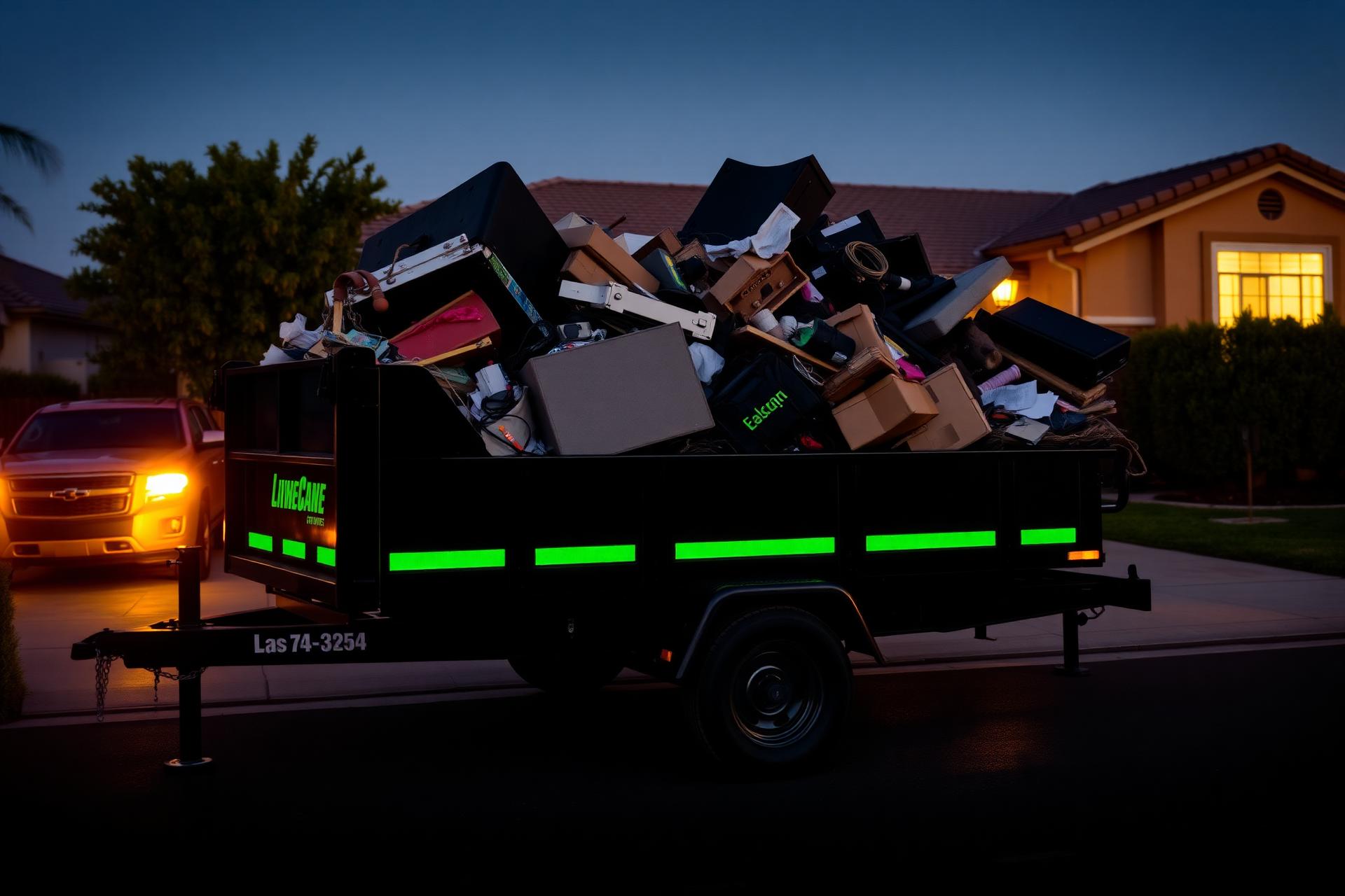 Black dump trailer loaded with junk parked in front of a home in the Inland Empire